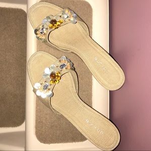 Beaded Canvas Open Toe Kitten Heel || Size 7